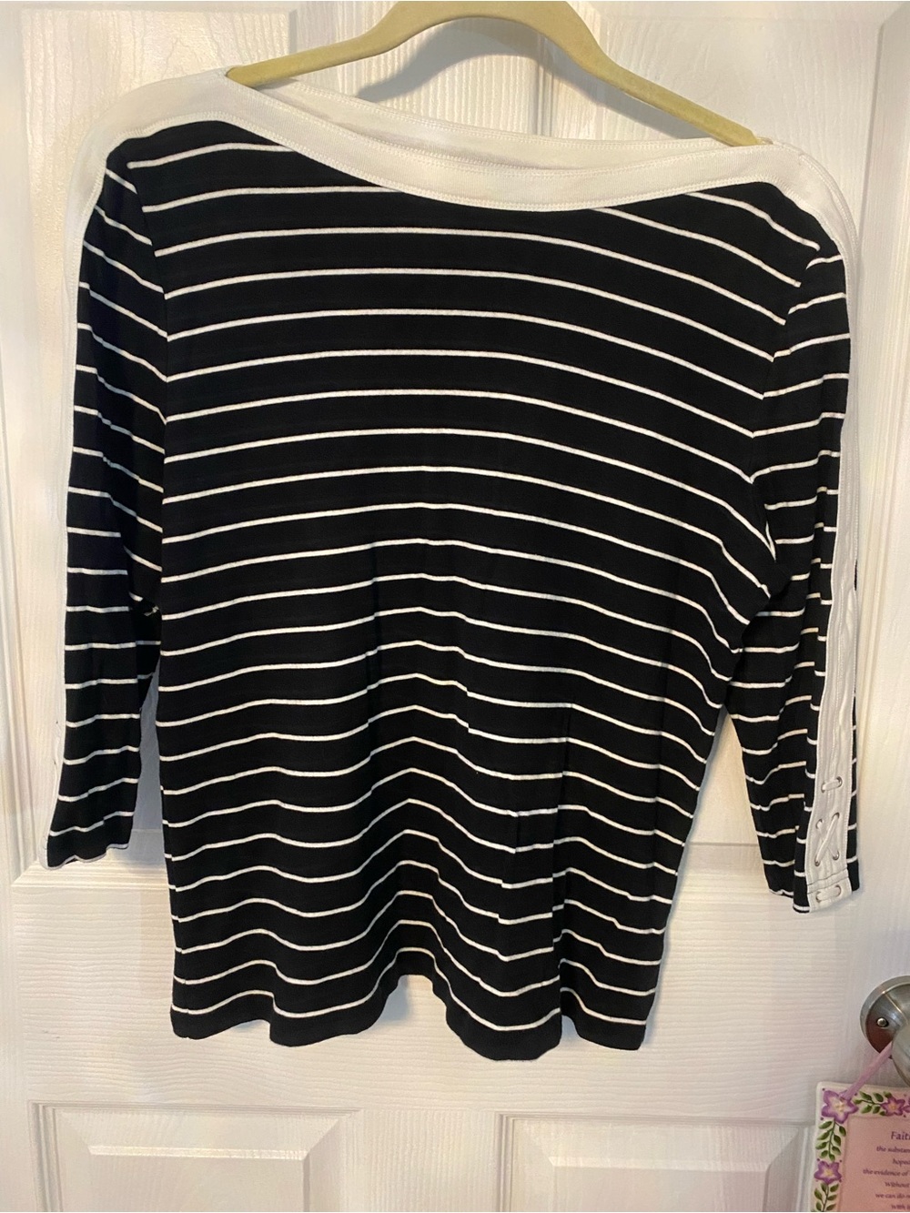 Chaps Black and White Striped Boatneck 3/4 length Sleeve Top